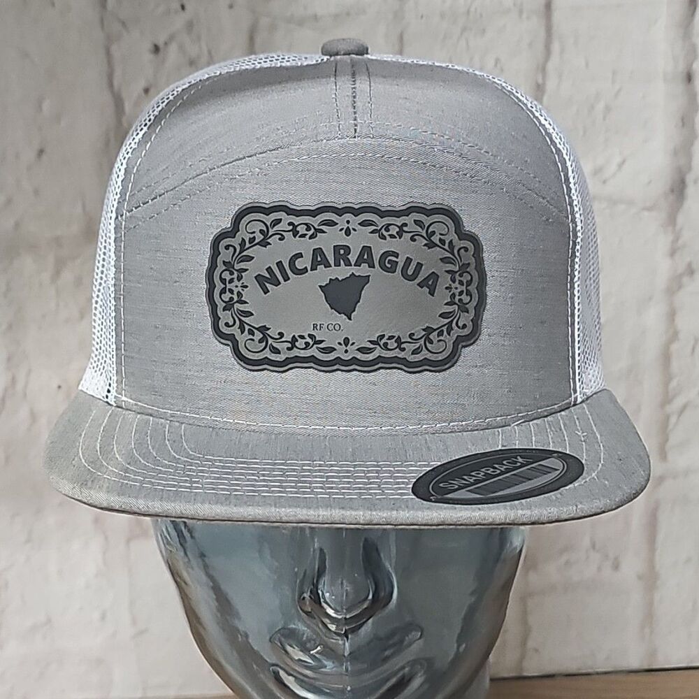 NICARAGUA Leather Patch Light Gray/White Trucker Snapback Hat 7 Panels Cap Hat